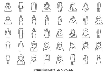 Muslim fashion icons set outline vector. Arab casual girl. Woman arabic muslim