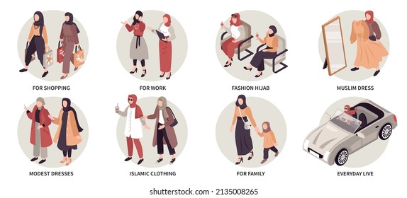 Muslim fashion isometric compositions with women dressed in modest islamic clothing and hijab isolated vector illustration