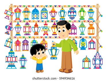 a Muslim Father buys Ramadan lantern for his son to celebrate the advent of the holy month 