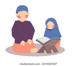 Muslim Father and Daughter Reading Quran