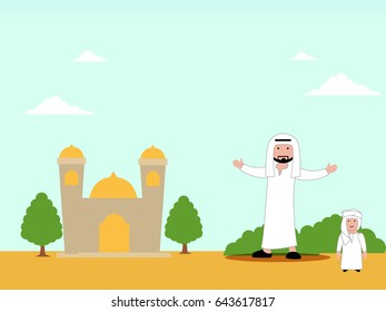 A Muslim father and his son excitedly welcoming everyone. Suggesting concepts of Ramadan greeting and celebrations at the end of Ramadan