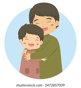 Muslim father hugging son. Happy Muslim family vector character