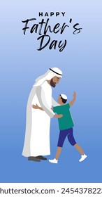 Muslim father and son giving hag with text happy father's day, vector