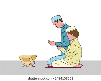 Muslim father with son praying hand drawn illustration, Ramadan, Eid mubarak