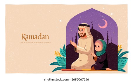 Muslim father taking his daughter doing prayer together, with a cute mosque silhouette in Arabic window outline