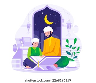 A Muslim father teaches his son to read Quran. Muslim people read Quran in the holy month of Ramadan. Muslim Family read Koran on Ramadan concept illustration