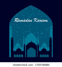 The Muslim feast of the holy month of Ramadan Kareem. Vector illustration with mosque dome silhouette on starry background for greeting or invitation card, banner, flyer, poster design, template.