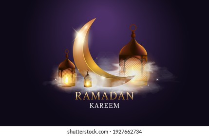 Muslim feast of the holy month of Ramadan Kareem. Gold moon with cloud. Vector illustration design.