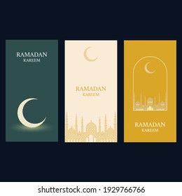 The Muslim feast of the holy month of Ramadan Kareem. Set of posters or invitations design with crescent and mosque dome silhouette. Vector illustration.