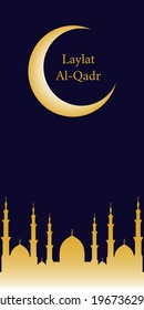 The Muslim feast of the holy month of Ramadan Laylat al-Qadr. Vector illustration with mosque dome silhouette for greeting or invitation card, banner, flyer, poster design, template.