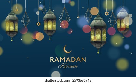 Muslim feast of the holy month of Ramadan Kareem. Banner with lanterns on night sky and bokeh background, vector illustration