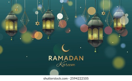 Muslim feast of the holy month of Ramadan Kareem. Banner with lanterns on night sky and bokeh background, vector illustration