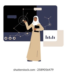Muslim Female Analyst Presenting Data Mapping In Flat Vector Illustration Symbolizing Information Systems, Digital Visualization, And Big Data, Isolated On White Background
