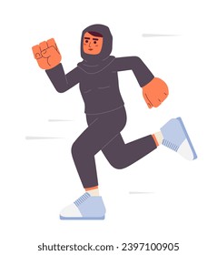 Muslim female athlete jogging cartoon flat illustration. Running in hijab sportswoman 2D character isolated on white background. Healthy lifestyle. Arab woman runner marathon scene vector color image