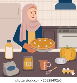 Muslim female baking pumpkin pie in the kitchen illustration.