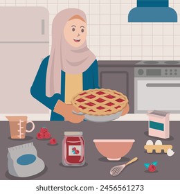 Muslim female baking raspberry pie illustration