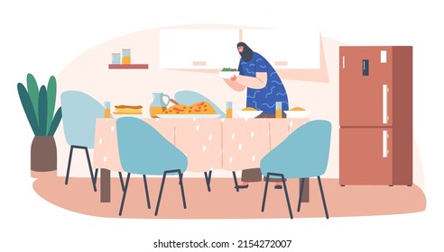 Personaje musulmán femenino sirviendo la cena en la mesa. Mujer árabe usa hiyab nacional y come en la cocina del interior. Iftar, Cena de Ramadán, Tradición Familiar. Ilustración de vectores de personas de caricatura