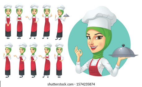 Muslim Female Chef Character Set, Vector EPS 10