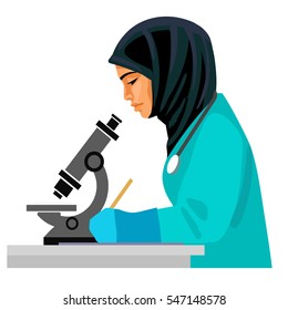 Muslim Female Doctor Looking Through Microscope And Writing. Asian Woman Scientist  Working In The Medical Laboratory. Cartoon Flat Vector Illustration Isolated On White Background.