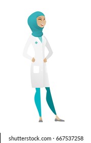 Muslim female doctor in medical gown laughing. Doctor laughing with hands on stomach. Doctor laughing with closed eyes and open mouth. Vector cartoon illustration isolated on white background.