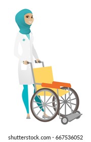 Muslim female doctor pushing a wheelchair. Cheerful arabic nurse standing near wheelchair. Young woman doctor with wheelchair. Vector cartoon illustration isolated on white background.