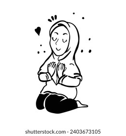 Muslim female doing prayer. Prayers in congregation. Muslim man prays in white clothing, isolated cartoon flat vector illustration.