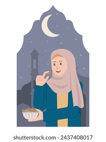 Muslim female eating date during iftar illustration