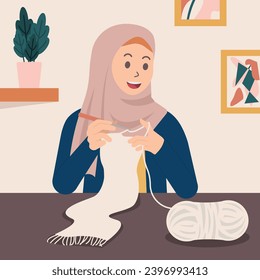 Muslim female with hijab crocheting scarf illustration