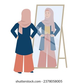 Muslim female looking at herself in the mirror isolated illustration