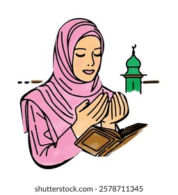 Muslim female making duwa at azan time, illustration of Muslim girl praying at the call of azan vector