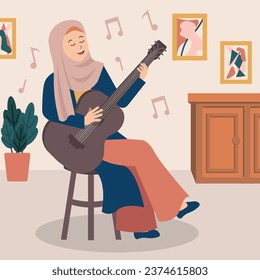 Muslim female playing guitar and singing illustration