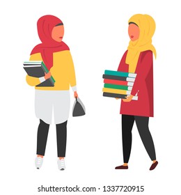 Muslim female student in hijab. Woman studying with books. Education Vector illustration.