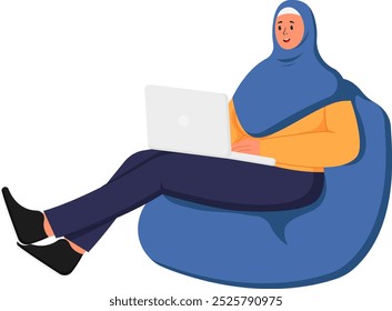Muslim Female Student Sitting Studying Using Laptop Illustration