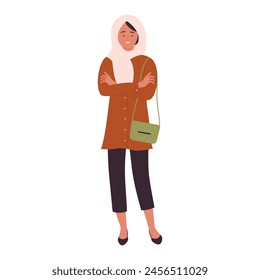 Muslim female student or young office worker in hijab standing with crossed arms vector illustration