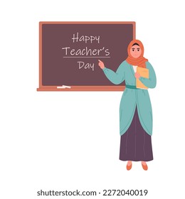 Muslim female teacher at classroom near blackboard. Education, lecture and lesson at school. Vector illustration in flat style