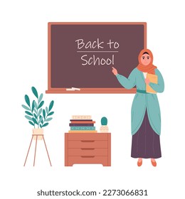 Muslim female teacher at classroom near blackboard. Education, lecture and lesson at school. Back to school. Vector illustration in flat style