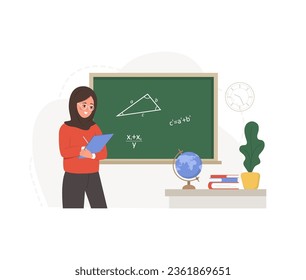 Muslim female teacher in classroom. Pedagogue in hijab at lecture at chalkboard. School and college concept. Vector illustration in flat cartoon style.