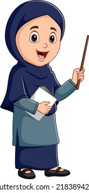 Muslim female teacher with hijab holding a book and pointing