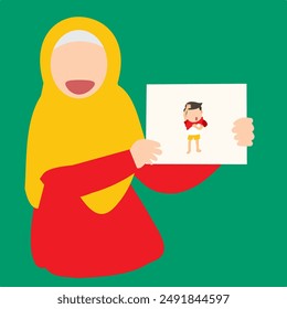 Muslim female teacher wearing hijab, educating students in a classroom.