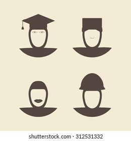 Muslim female wearing hijab avatar faces. Engineer and soldier. Nurse and graduate student. Flat style  design template monochrome vector illustration.