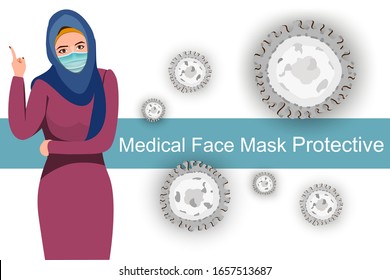 Muslim female wearing medical face mask protective created with Coronavirus Cell vector COVID-19 or Coronavirus Pandemic concept