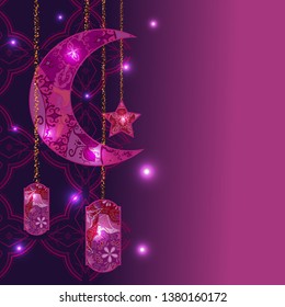 Muslim festival Eid Al Fitr (Eid Mubarak) and Ramadan concept with lamps, decorated moon and star. Vector background illustration. Feast of breaking the fast