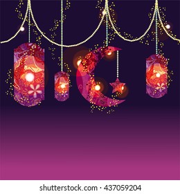 Muslim festival Eid Al Fitr (Eid Mubarak) and Ramadan concept with decorated moon and star. Vector background illustration. Feast of Breaking the Fast