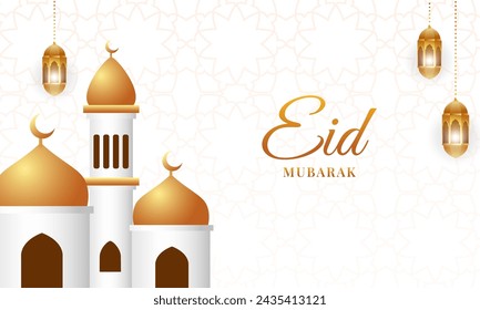 Muslim festival eid mubarak wishes greeting card with mosque and lantern