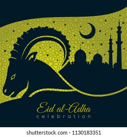 Muslim Festival of Sacrifice Eid-Al-Adha greeting card with sheep and mosque.