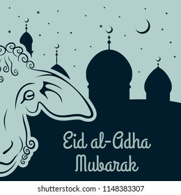 Muslim Festival of Sacrifice Eid-Al-Adha greeting card with sheep and mosque.