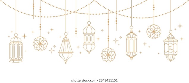 Muslim festive banner. Arabian lantern and floral stars, moon on string. Decoration lamps, graphic invitation islam design. Ornate racy vector background