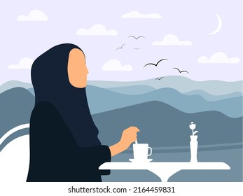 Caricatura islámica plana mujer con hiyab tomando café en la parte superior de la vista de las montañas, joven árabe de moda vestido tradicional abaya de Emiratos Árabes Unidos o Arabia Saudita posando, modelo islámico ilustrativo vectorial