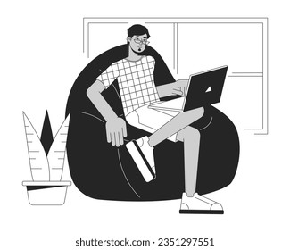 Muslim freelancer working at home bw concept vector spot illustration. Remote work 2D cartoon flat line monochromatic character for web UI design. Editable isolated outline hero image