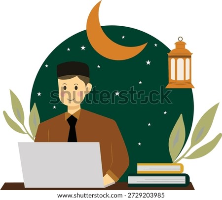 Muslim freelancer working on laptop at night during Ramadan. Flat vector illustration of man studying with desk lamp, books, and crescent moon background. Islamic productivity concept in flat style